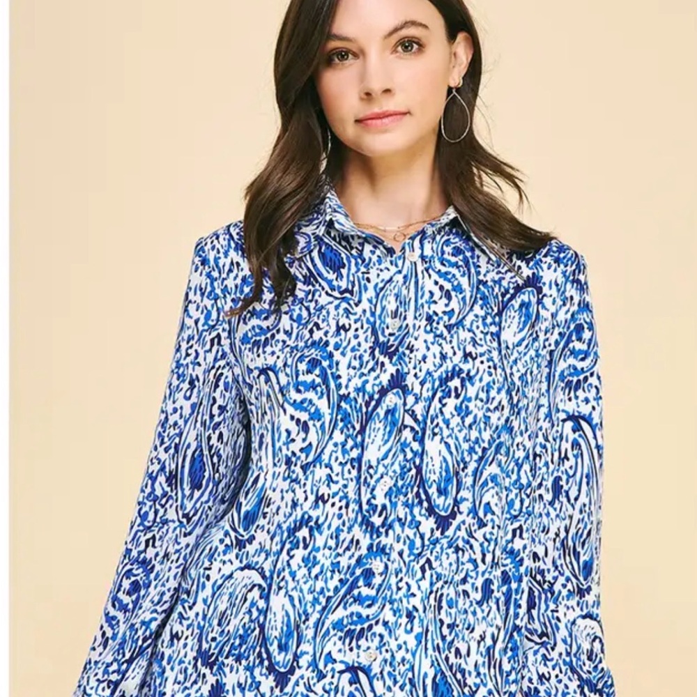 Zara Blue and White Paisley Print Satin Button-Up Blouse